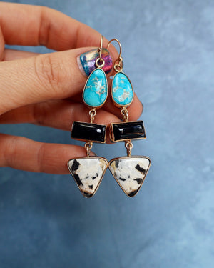 "Lunar Relic" Earrings Turquoise, Onyx and White Buffalo in Gold Alchema P33