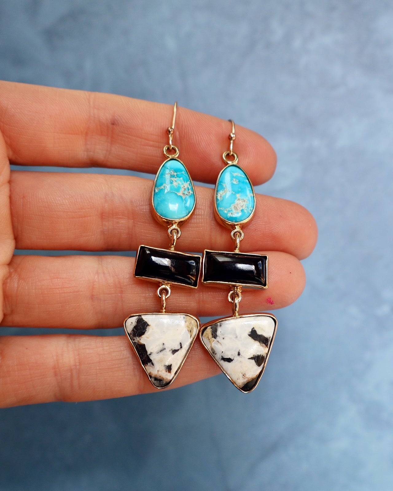 "Lunar Relic" Earrings Turquoise, Onyx and White Buffalo in Gold Alchema P33