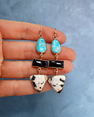 "Lunar Relic" Earrings Turquoise, Onyx and White Buffalo in Gold Alchema P33