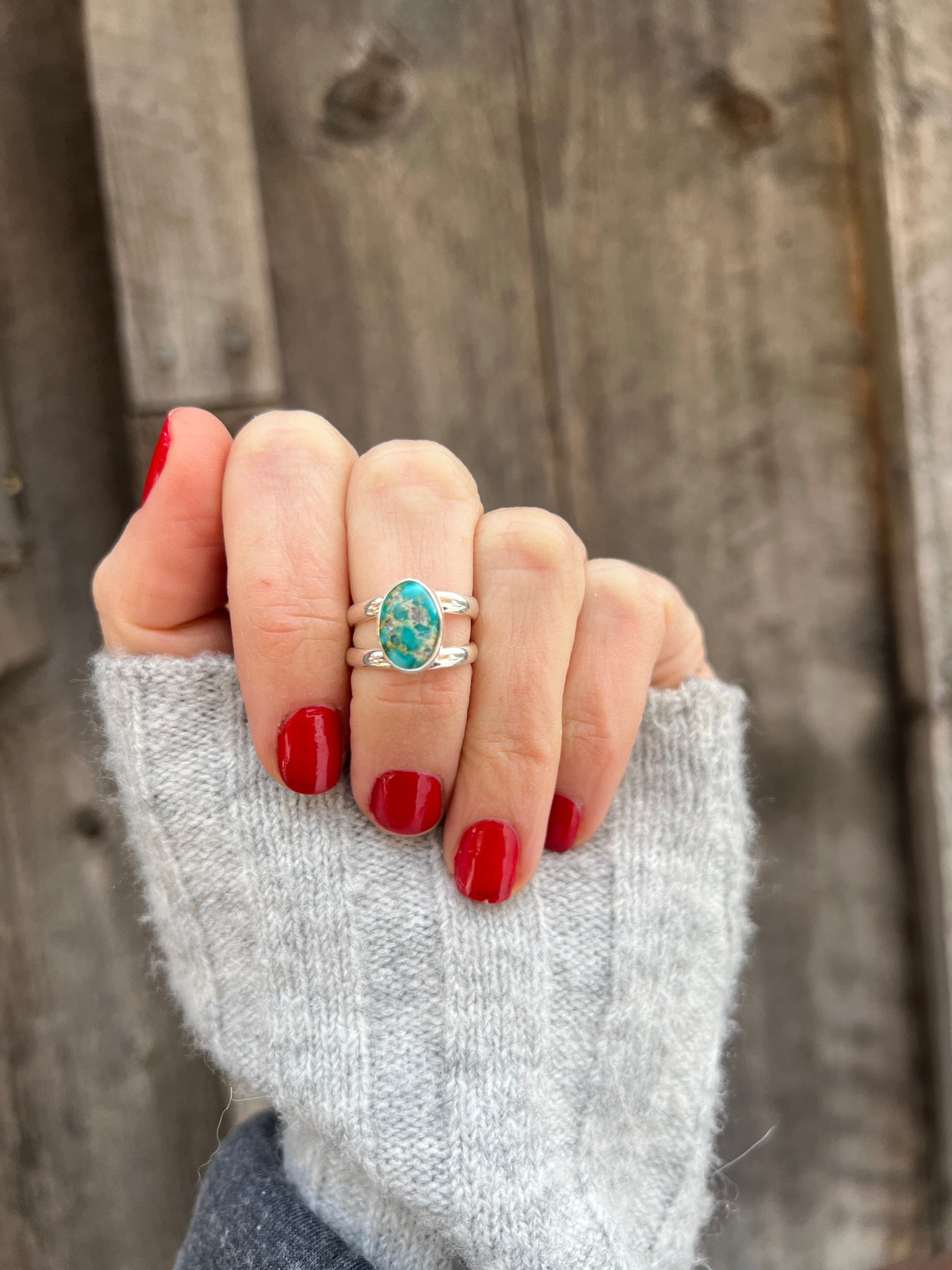 Sterling Silver & White Water Turquoise Double Band Ring Adjustable Size G9