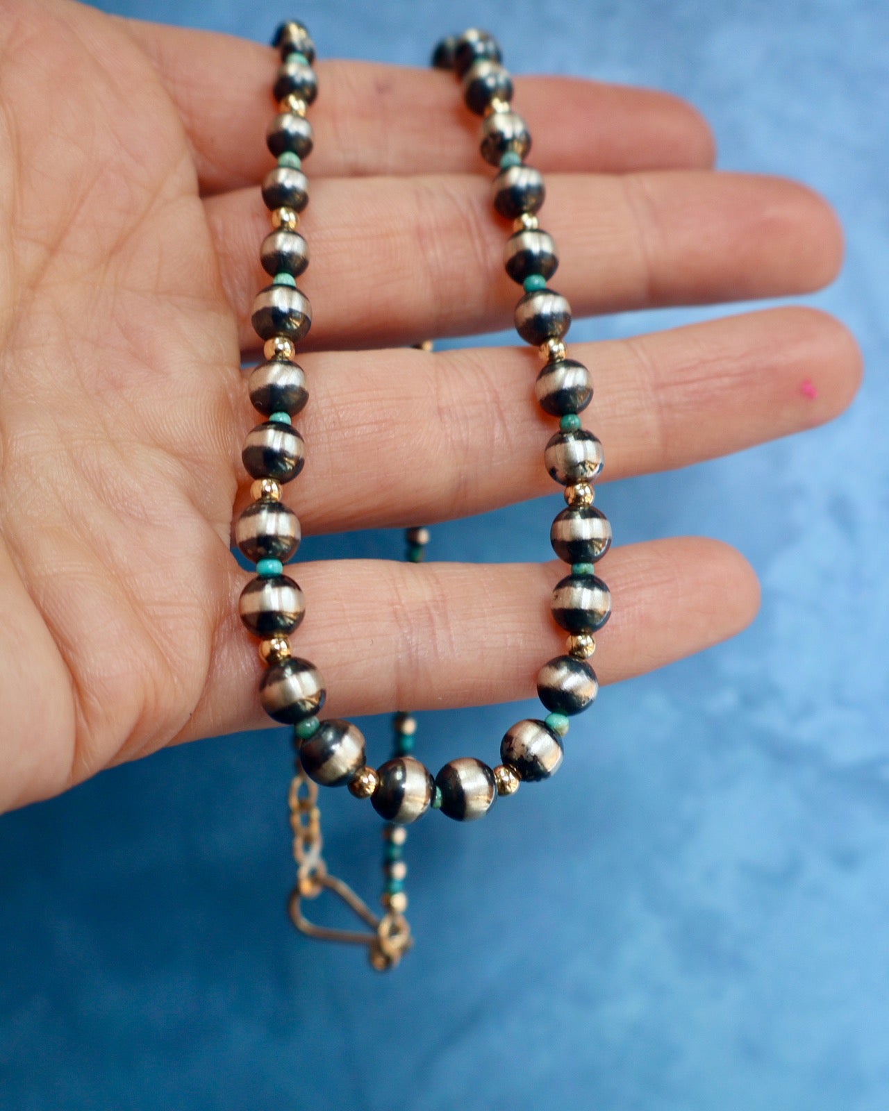 "Dark Matter" Necklace. Sterling Silver Pearls with Turquoise and Gold Fill Beads