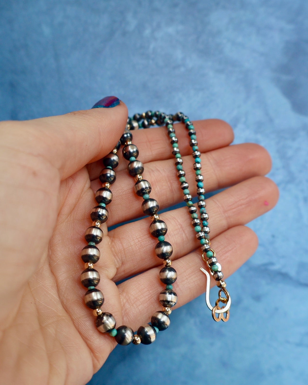 "Dark Matter" Necklace. Sterling Silver Pearls with Turquoise and Gold Fill Beads