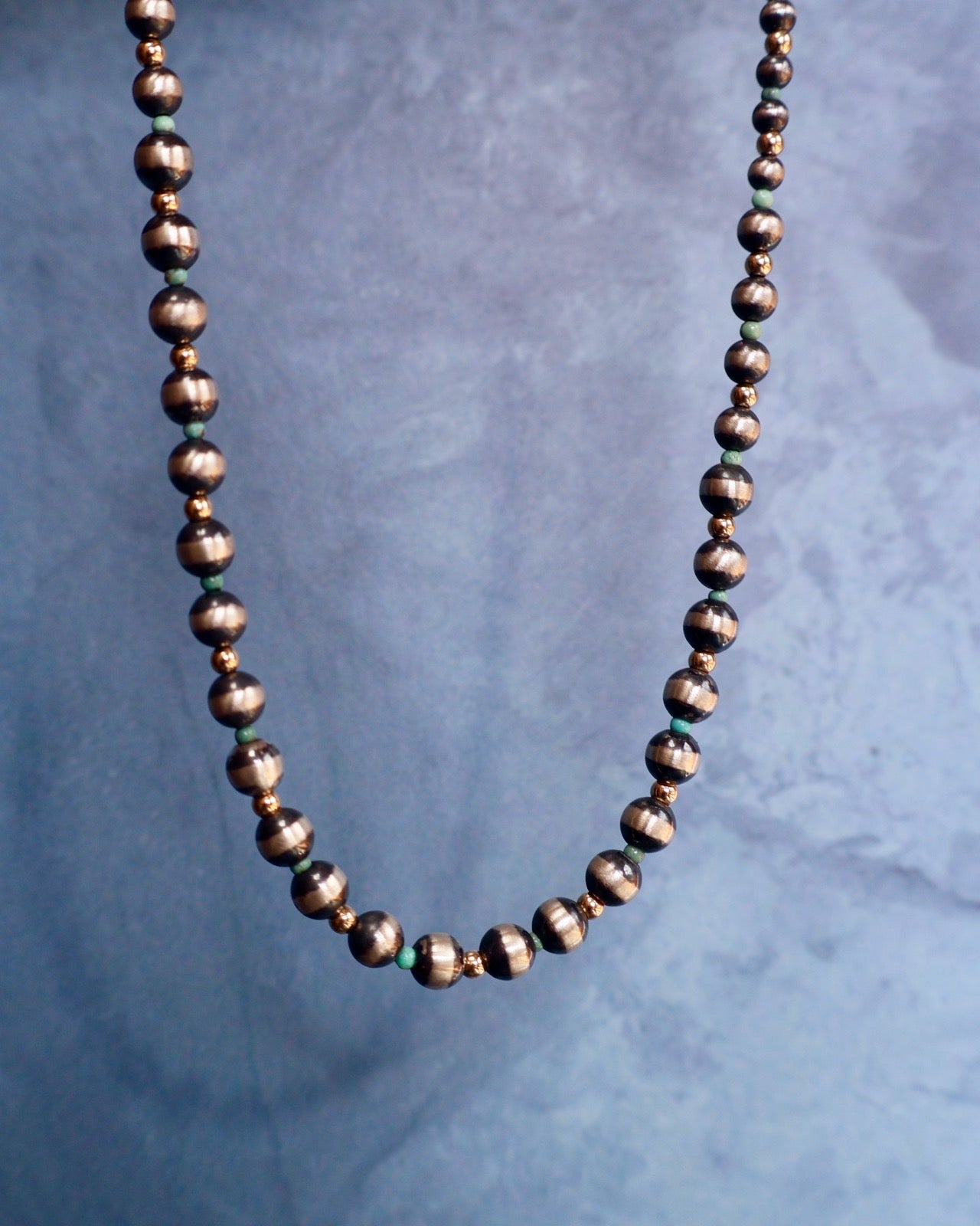 "Dark Matter" Necklace. Sterling Silver Pearls with Turquoise and Gold Fill Beads