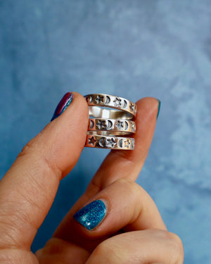 "Cosmic Orbit" Moon & Star Sterling Silver Stamped Stacker rings