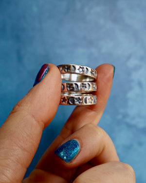 "Cosmic Orbit" Moon & Star Sterling Silver Stamped Stacker rings