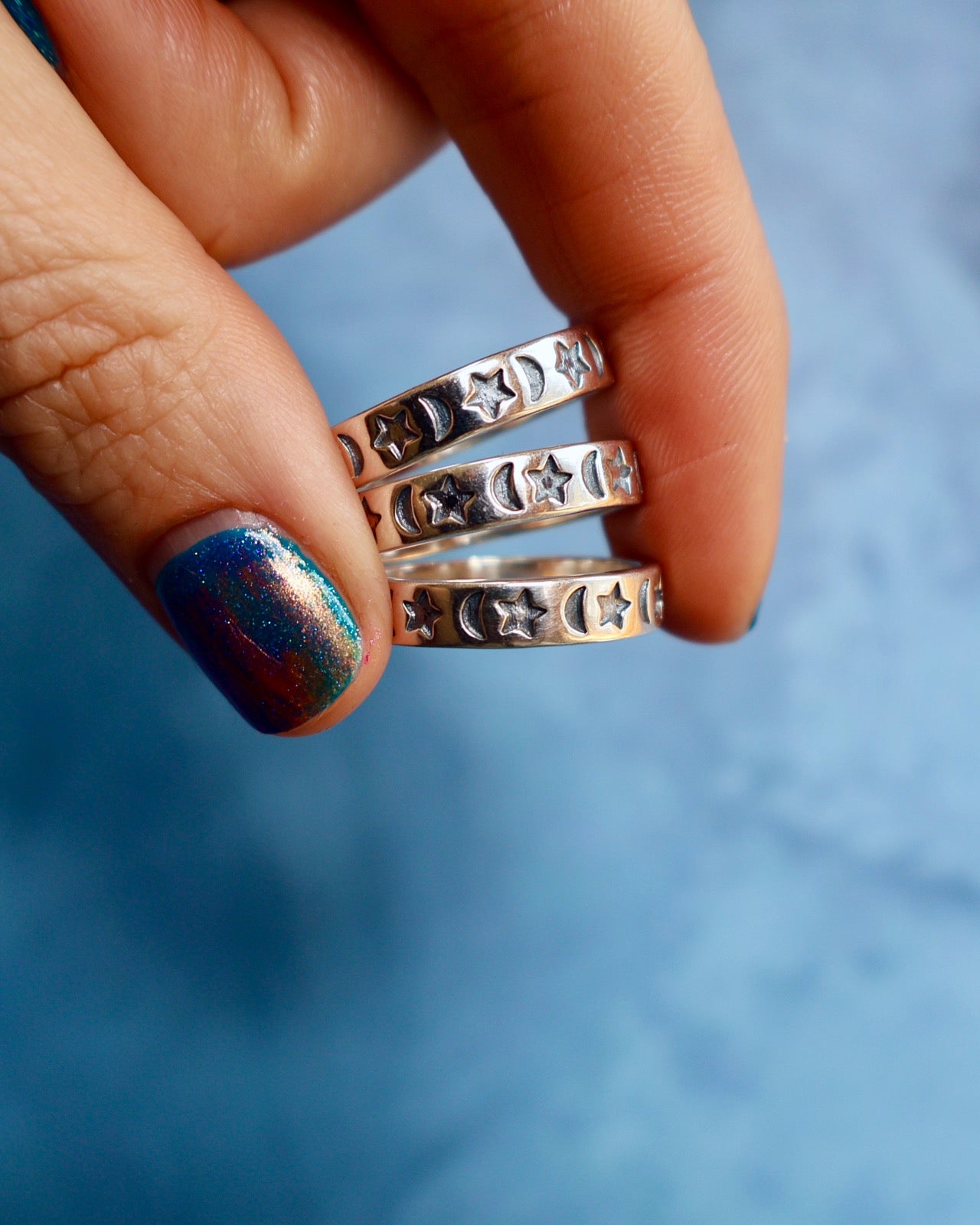 "Cosmic Orbit" Moon & Star Sterling Silver Stamped Stacker rings