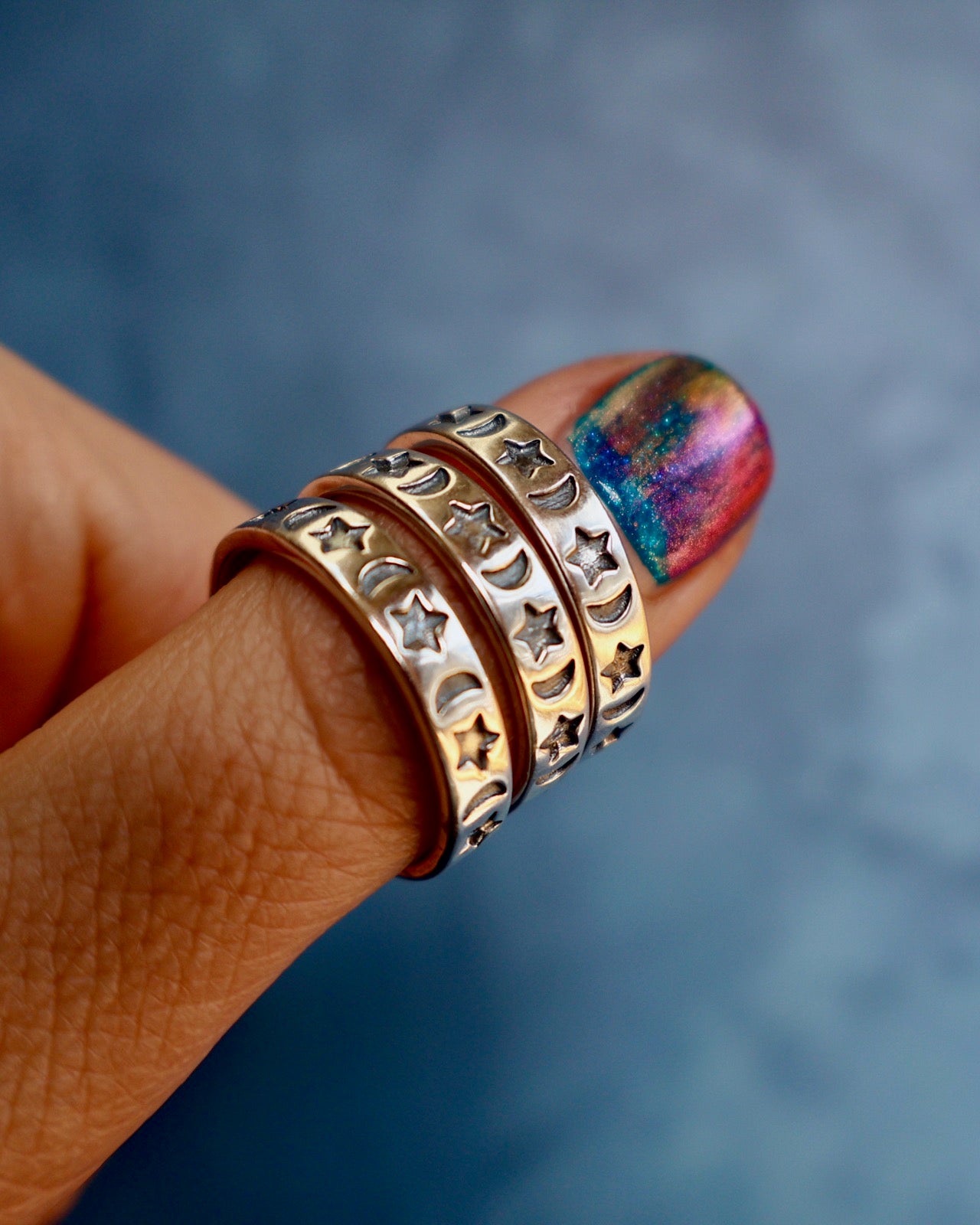 "Cosmic Orbit" Moon & Star Sterling Silver Stamped Stacker rings