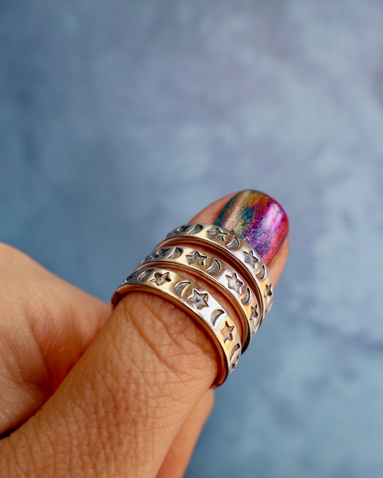 "Cosmic Orbit" Moon & Star Sterling Silver Stamped Stacker rings