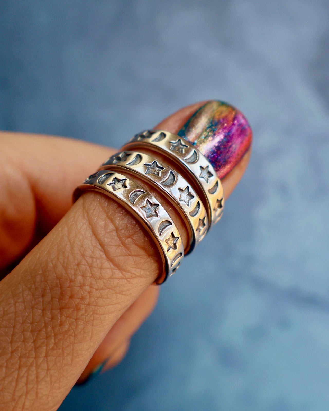 "Cosmic Orbit" Moon & Star Sterling Silver Stamped Stacker rings