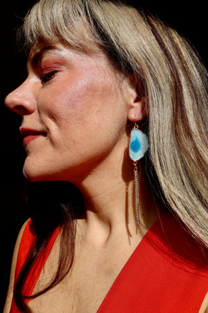 Blue & White Agate Slice & Sparkle Chain Earrings