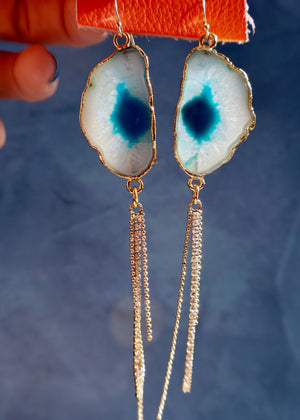 Blue & White Agate Slice & Sparkle Chain Earrings