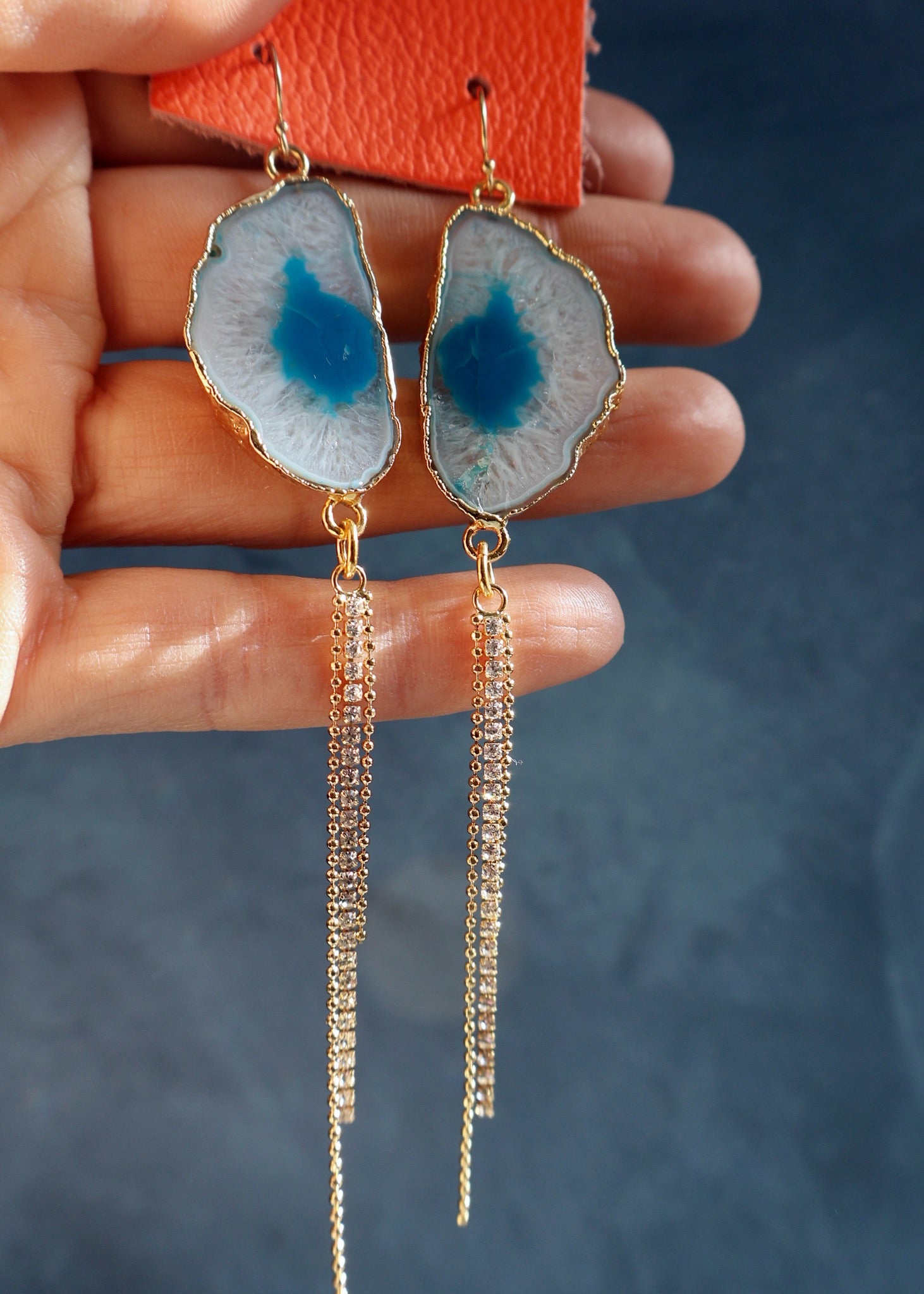 Blue & White Agate Slice & Sparkle Chain Earrings