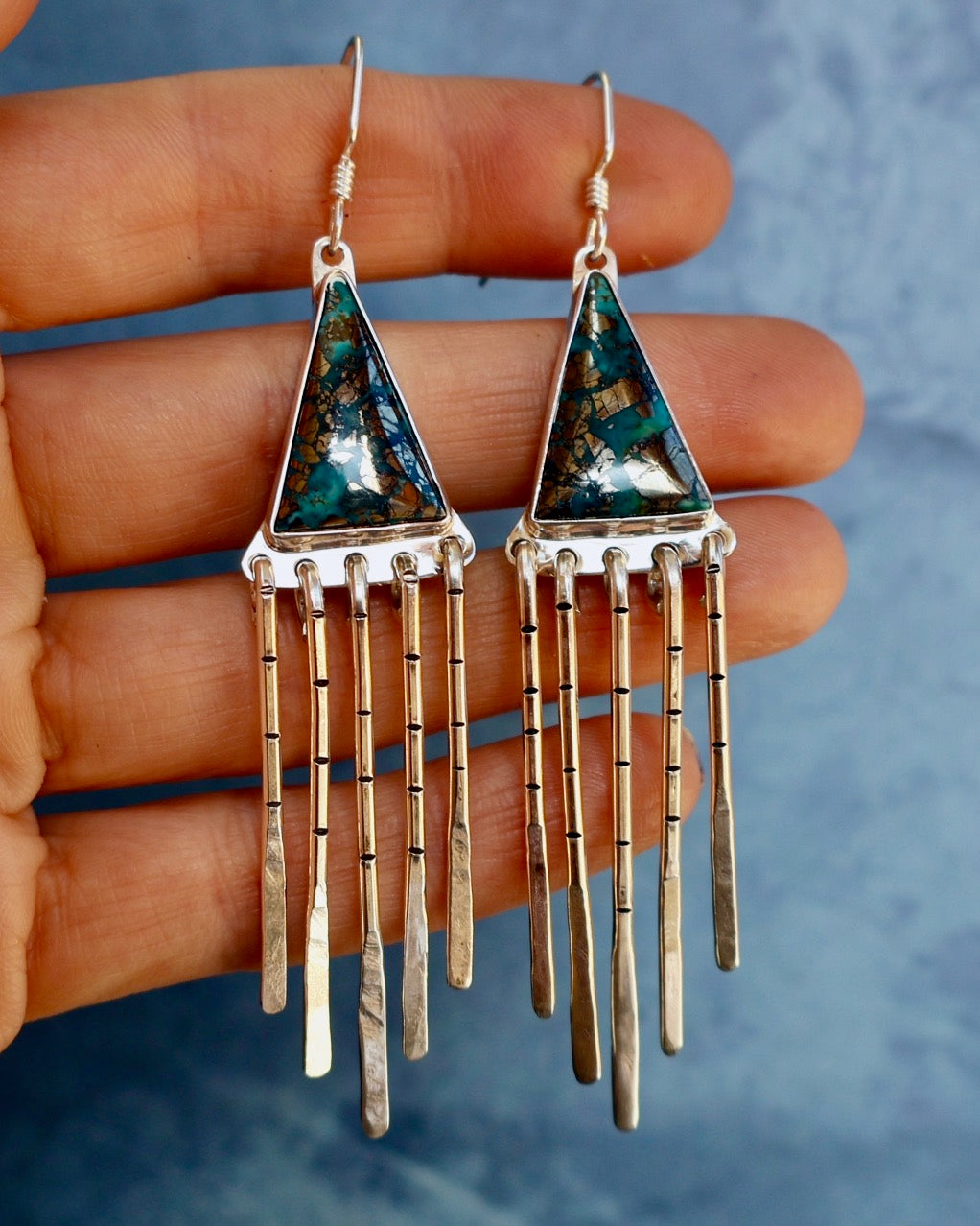 "Intelligent Life" Earrings. Morenci & Sterling Silver Fringe P53