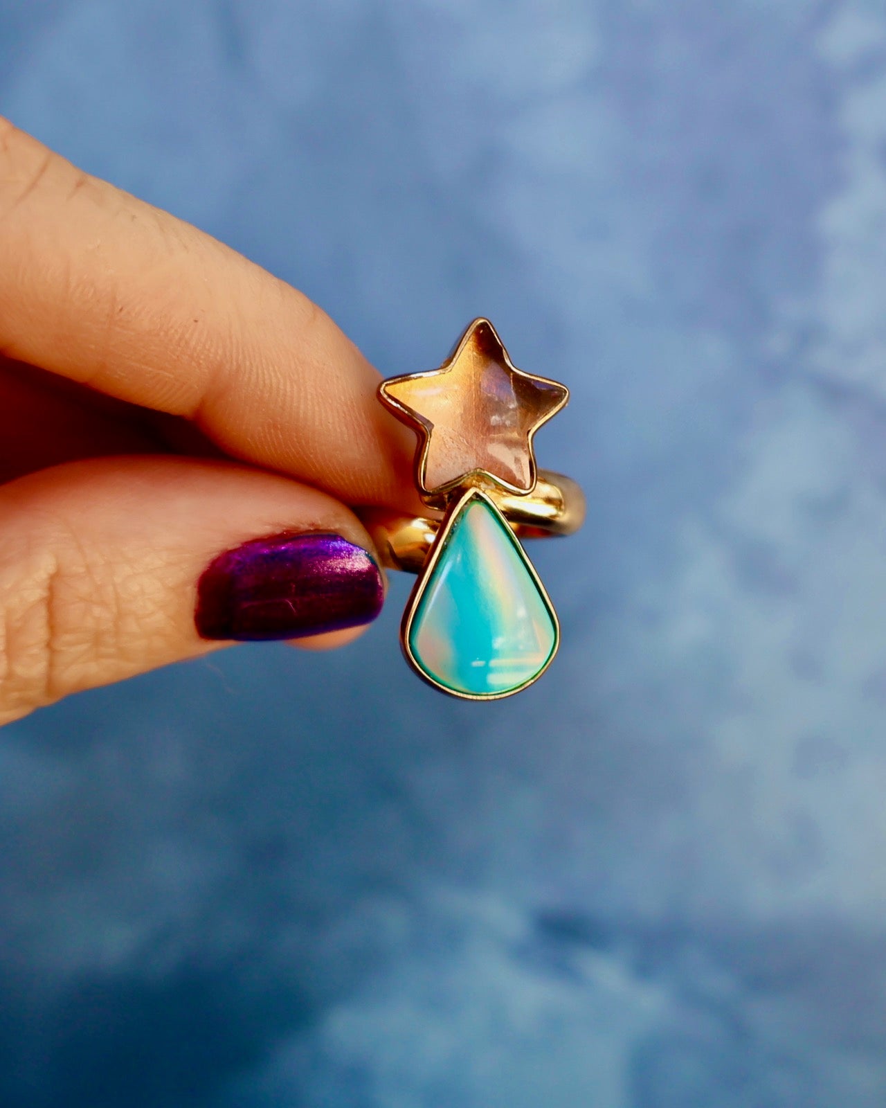 "Shooting Star" Ring Aurora Opal & Gold Alchemia. Adjustable P56