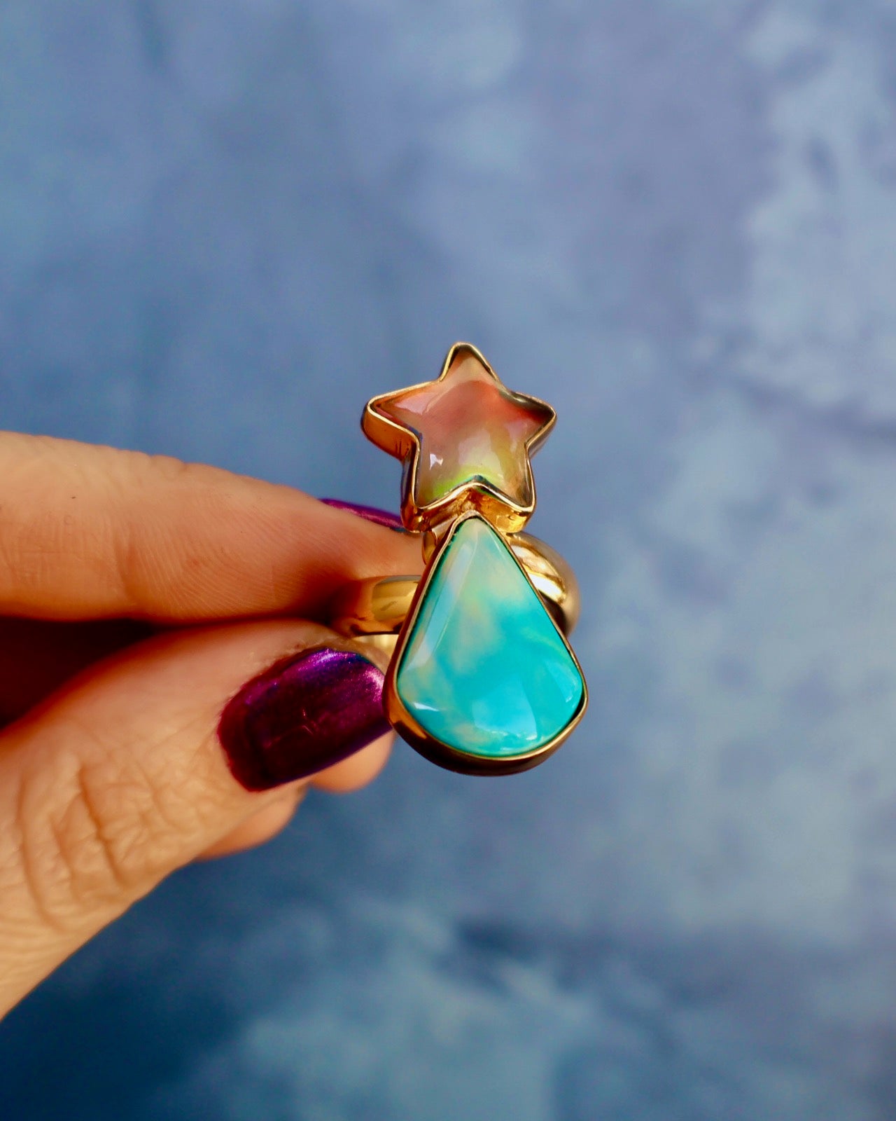 "Shooting Star" Ring Aurora Opal & Gold Alchemia. Adjustable P57