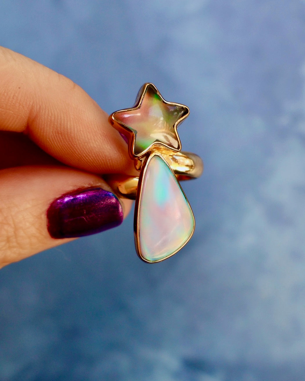 "Shooting Star" Ring Aurora Opal & Gold Alchemia. Adjustable P58