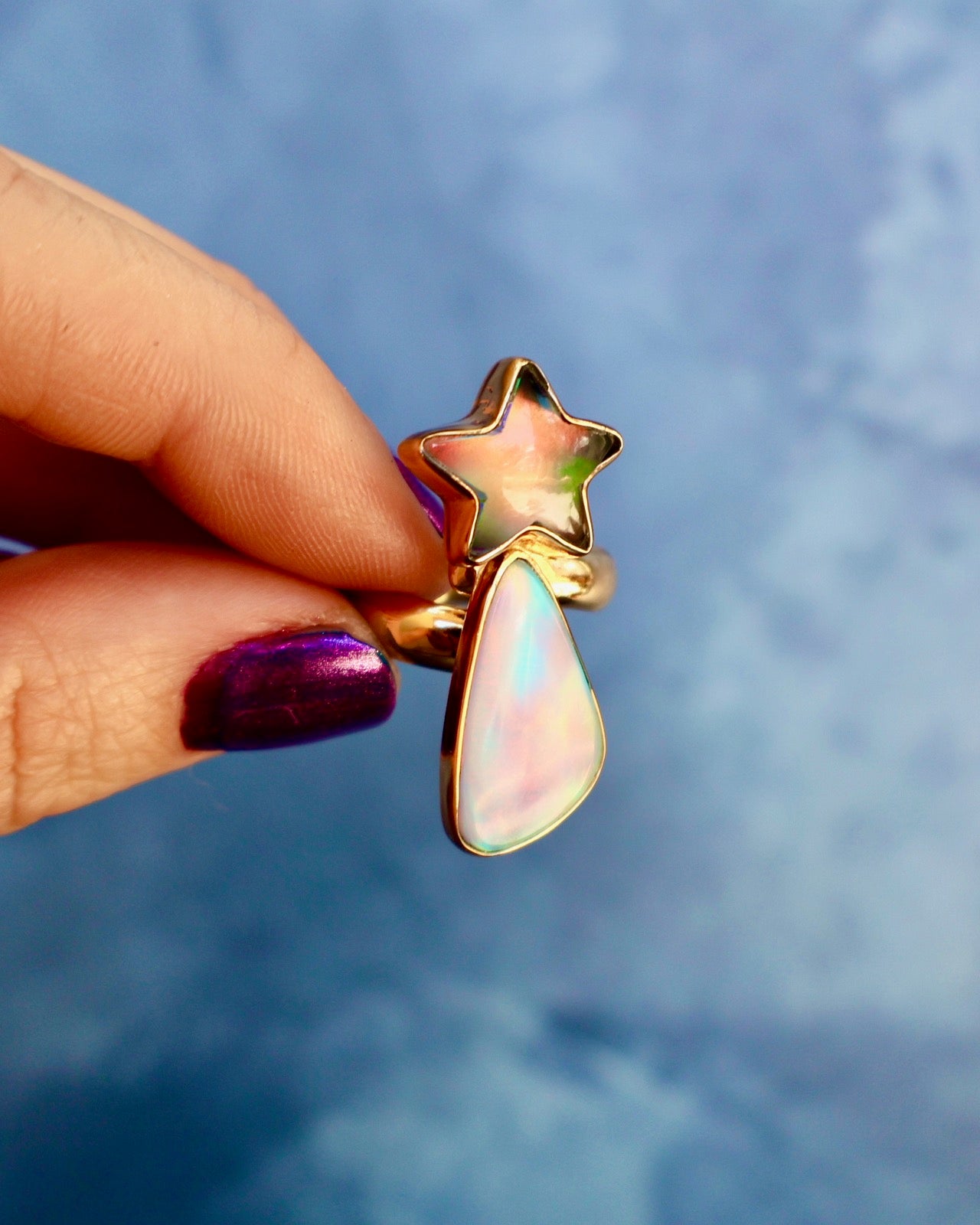 "Shooting Star" Ring Aurora Opal & Gold Alchemia. Adjustable P58