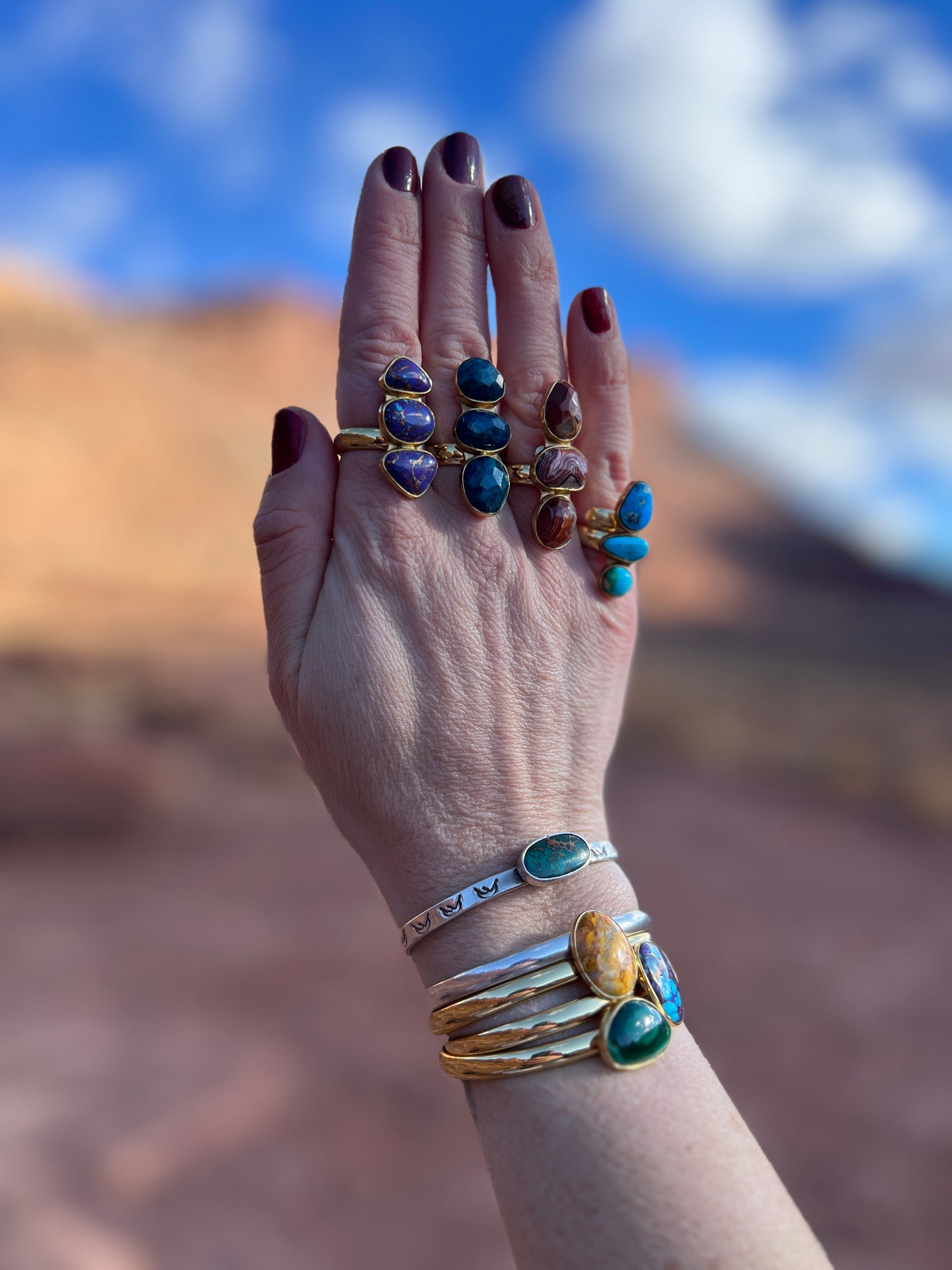 Triple Stone Purple Mojave Turquoise & Gold Alchemia Adjustable Ring W16