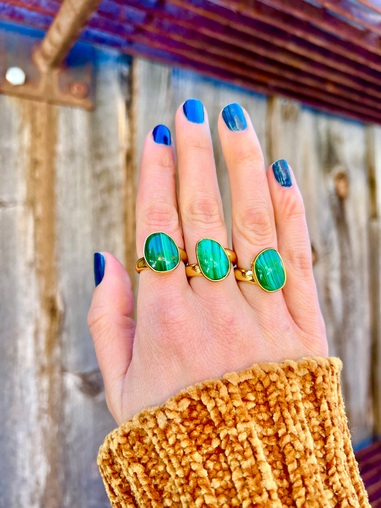 Malachite & Gold Alchemia Adjustable Ring W11