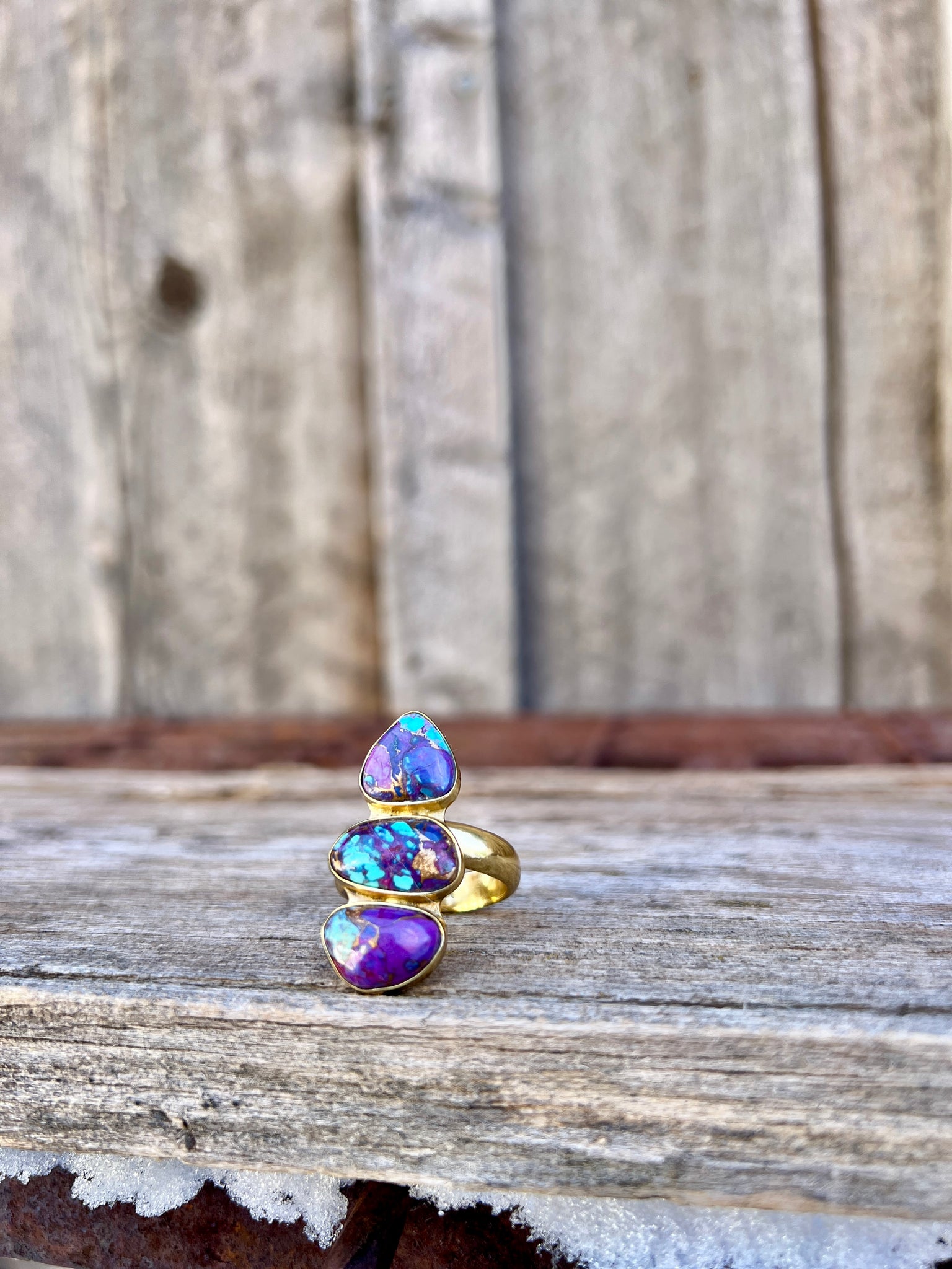 Triple Stone Purple Mojave Turquoise & Gold Alchemia Adjustable Ring W17