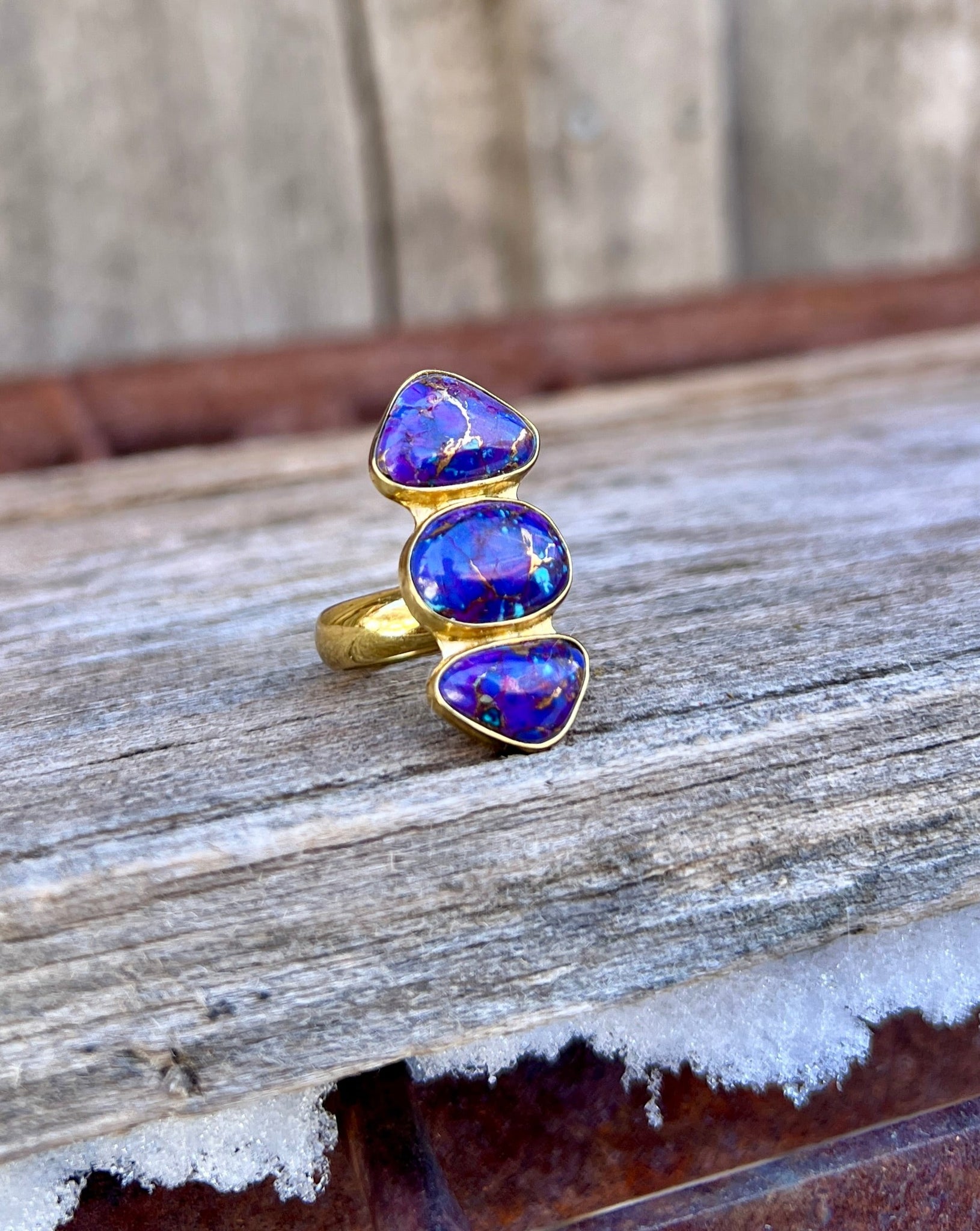 Triple Stone Purple Mojave Turquoise & Gold Alchemia Adjustable Ring W18