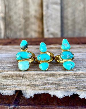 Triple Stone Faceted Turquoise & Gold Alchemia Adjustable Ring W20