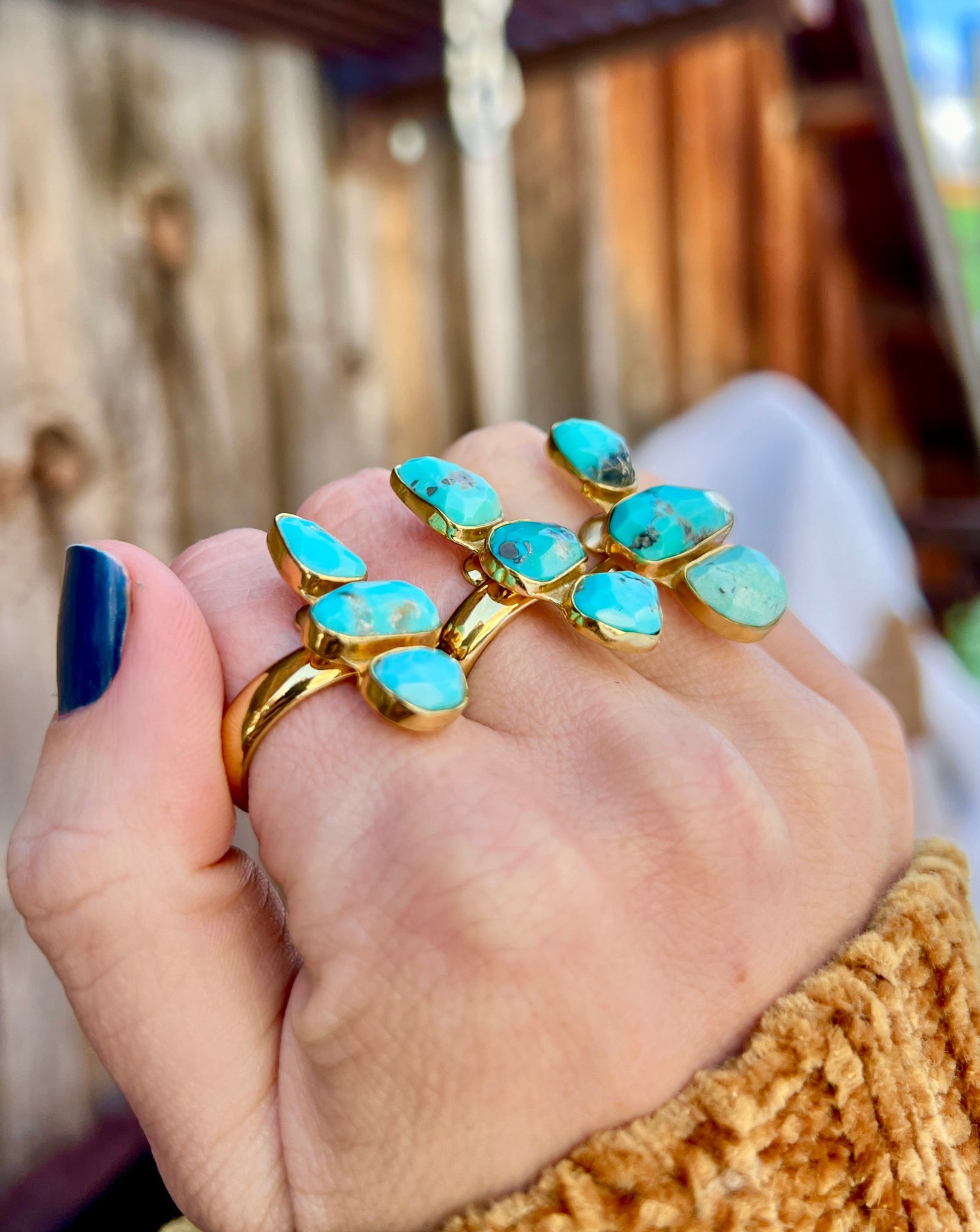 Triple Stone Faceted Turquoise & Gold Alchemia Adjustable Ring W20