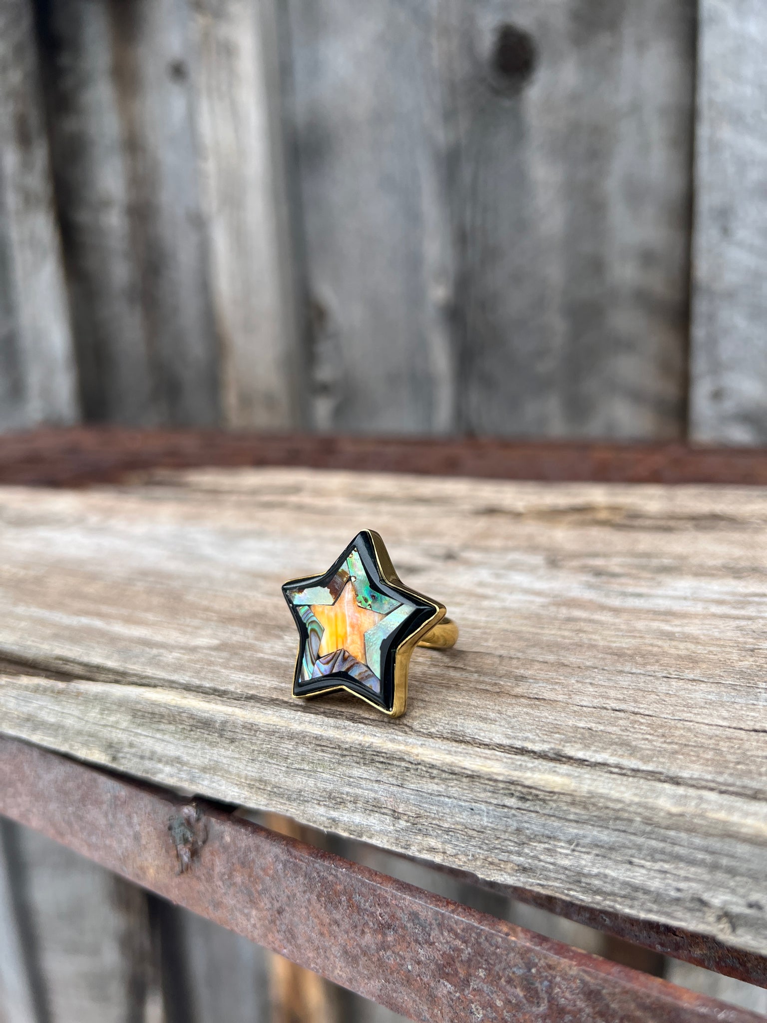 Star Shaped Coral, Mother of Pearl & Abalone Inlay Design Ring in Gold Alchemia Adjustable T002